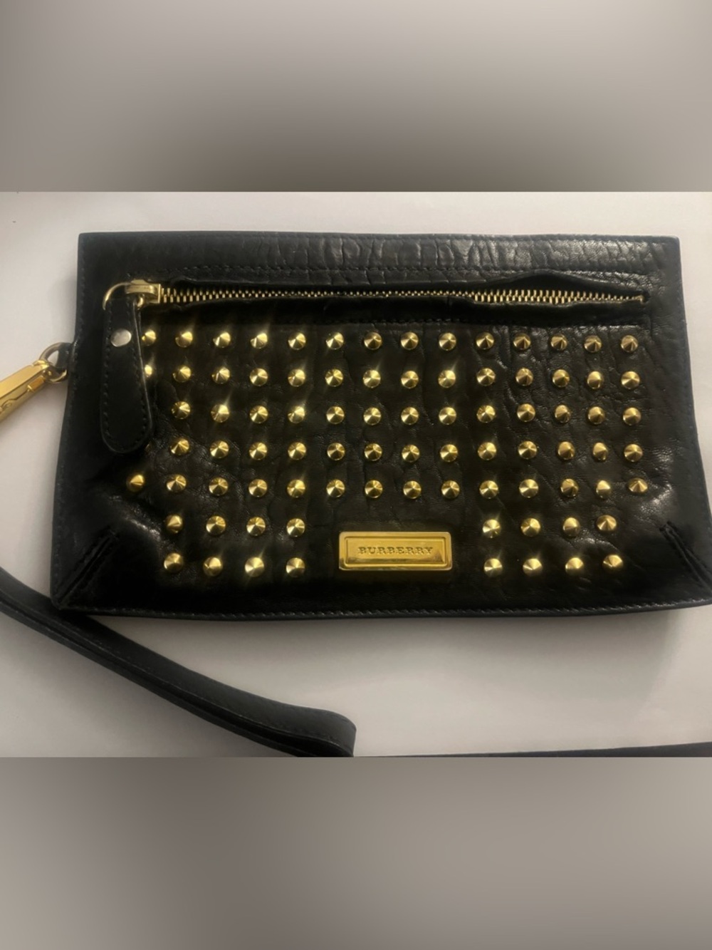 Burberry Black Leather Studded Wristlet with Gold Accents